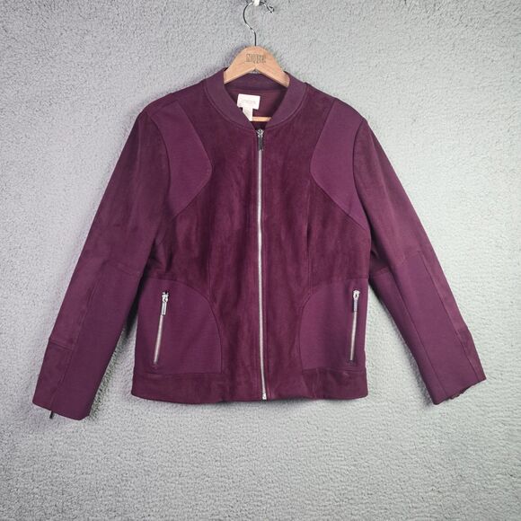 Chicos Purple Faux Suede Mixed Media Moto Jacket Size 2 Zip Pockets Lined - Picture 13 of 13